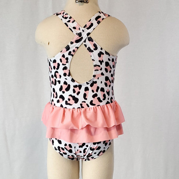 girls swimsuit leopard ruffle cross back pink