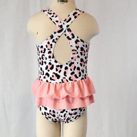 girls swimsuit leopard ruffle cross back pink