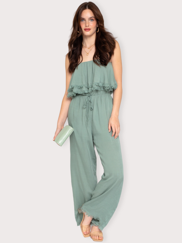 women's tube top jumpsuit with frayed hem. color sage. 