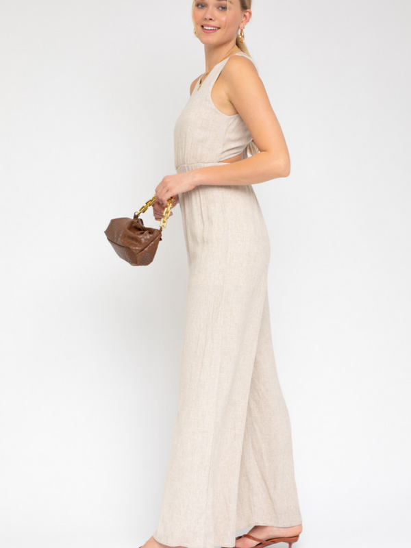 women's sleeveless jumpsuit tie back oatmeal