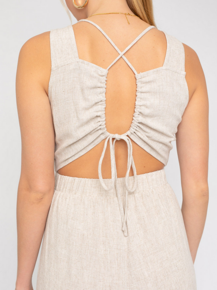 women's sleeveless jumpsuit tie back oatmeal