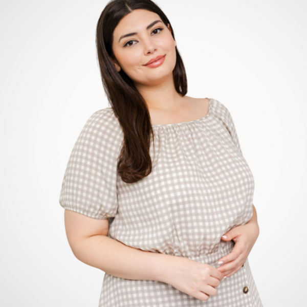 cocoa and white gingham printed crop top with elastic waist
